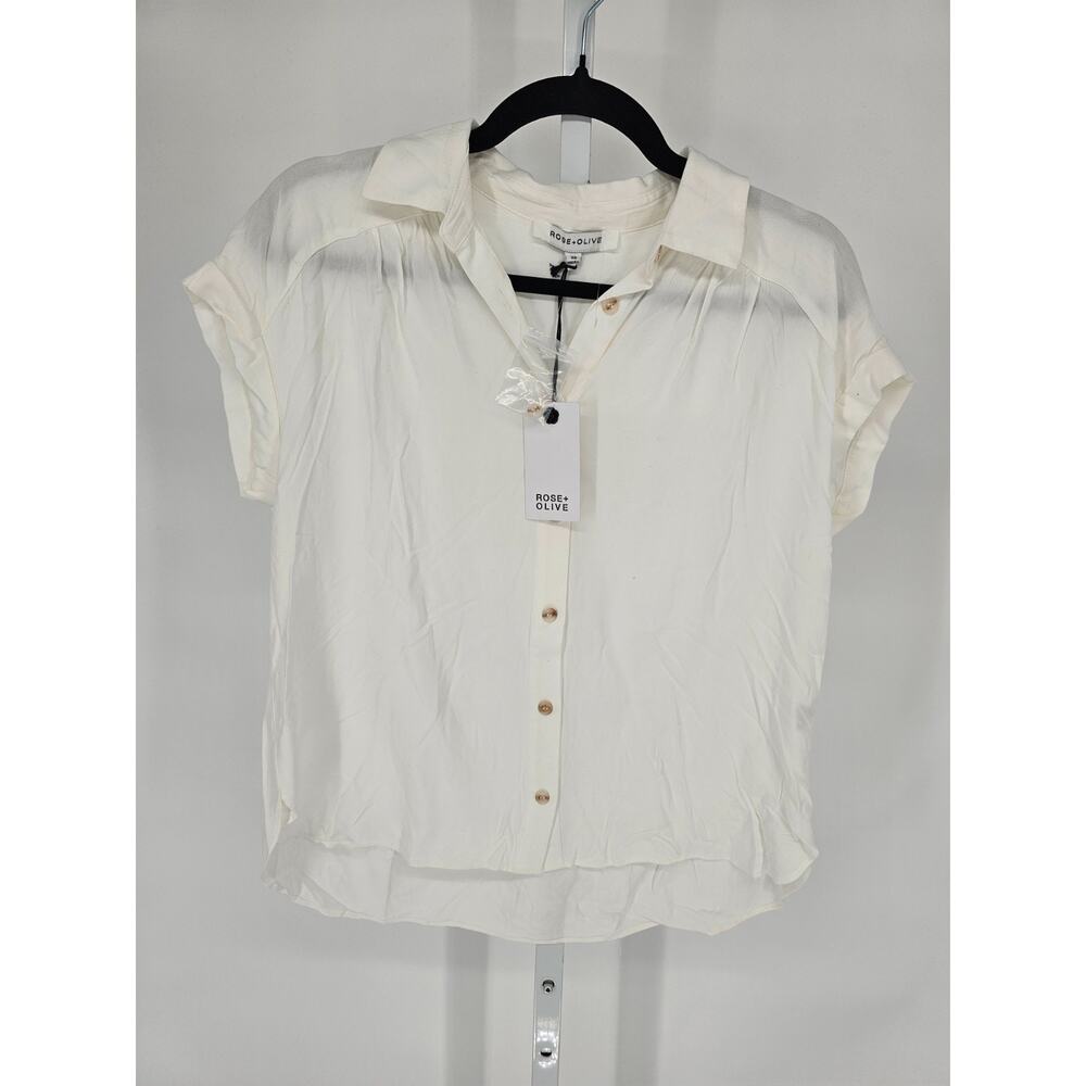Rose + Plive Womens Sz XS Short Sleeve Button Up Collared Top White NEW